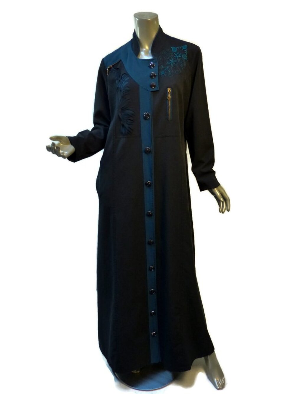 Abaya Maxi Dress Charcoal Gray Blue Sz L-XL Embroidery Colorblock Button Front